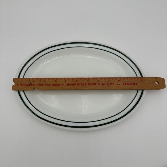 Vtg Anchor Hocking Fire King Platter Green Trim Milkglass 12 Inch - Picture 5 of 7